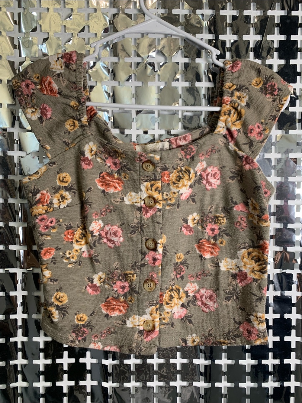 Rewind Olive Green Floral Ruffle-Shoulder Crop Top